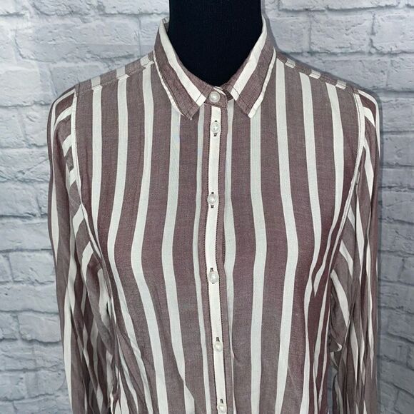 American Eagle women S hi low blouse button up tie front stripes & elastic cuffs - Picture 11 of 14